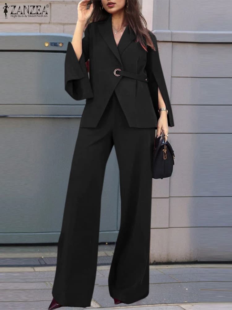 ZANZEA Office Lady Elegant 2-Pieces Sets Waistband Wide Leg Trouser Slit Long Sleeve Blazer Fashion Pant Sets Solid Women Suits