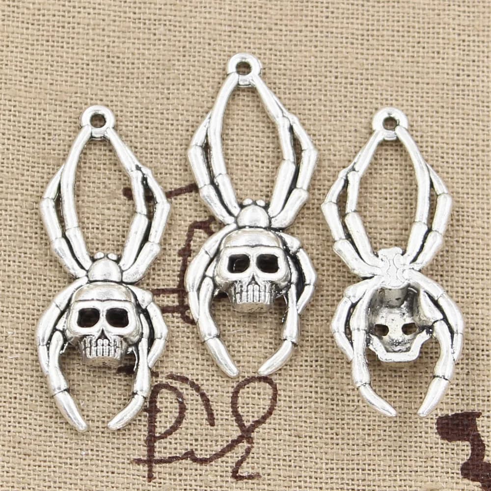 8pcs Charms Halloween Skull Spider 40x16mm Handmade Pendant Making fit,Vintage Tibetan Bronze Silver color,DIY For Necklace