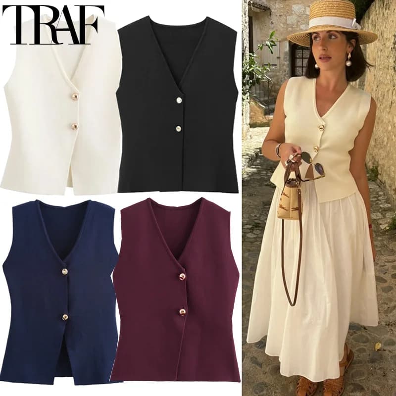 TRAF Cropped Knit Vest For Women Spring Sleeveless Vest Woman Fashion Slim Black Vest Elegant Solid Knitted Sweater Vests Top