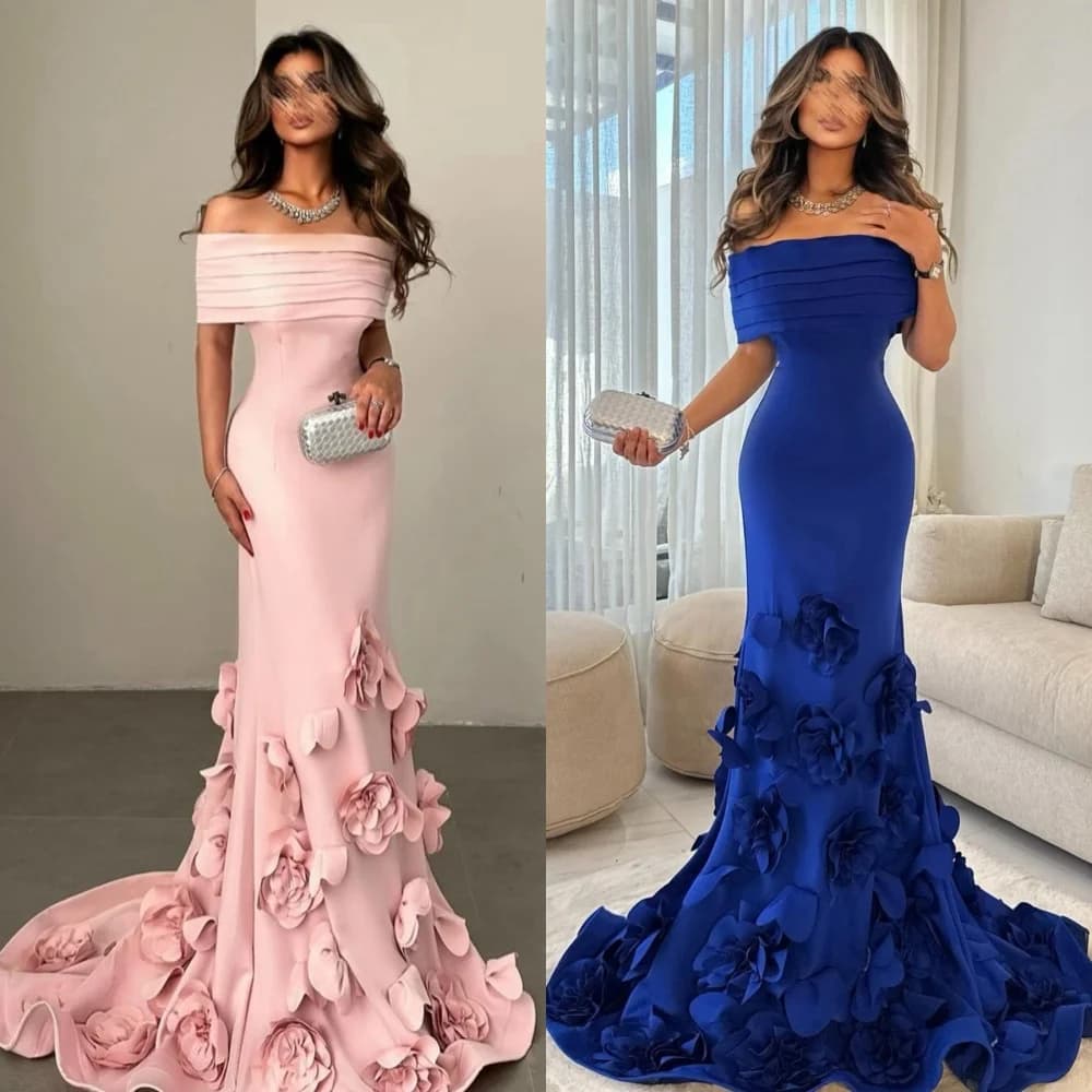 Customized Fashion Jersey Pleat Handmade Flower Trumpet Off-the-shoulder Long Dresses Bespoke Occasion  Sizes Available