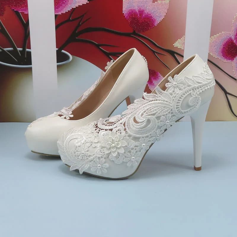 White High Heel Flower Wedding shoes Bride Ladies high platform shoes woman Fashion Round Toe Party Dress shoes Shallow shoe