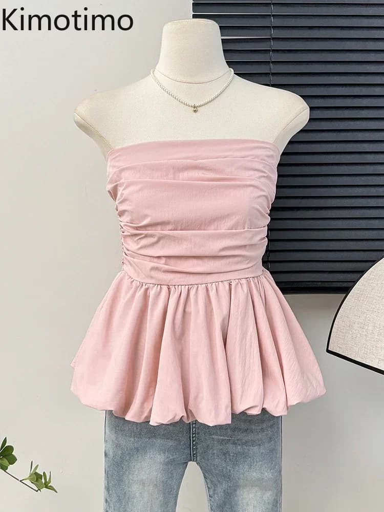 Kimotimo French One Shoulder Pleated Slim Tube Top Women Sexy Waist Ruffled Sleeveless Vests Summer Y2k Solid All Match Tanks