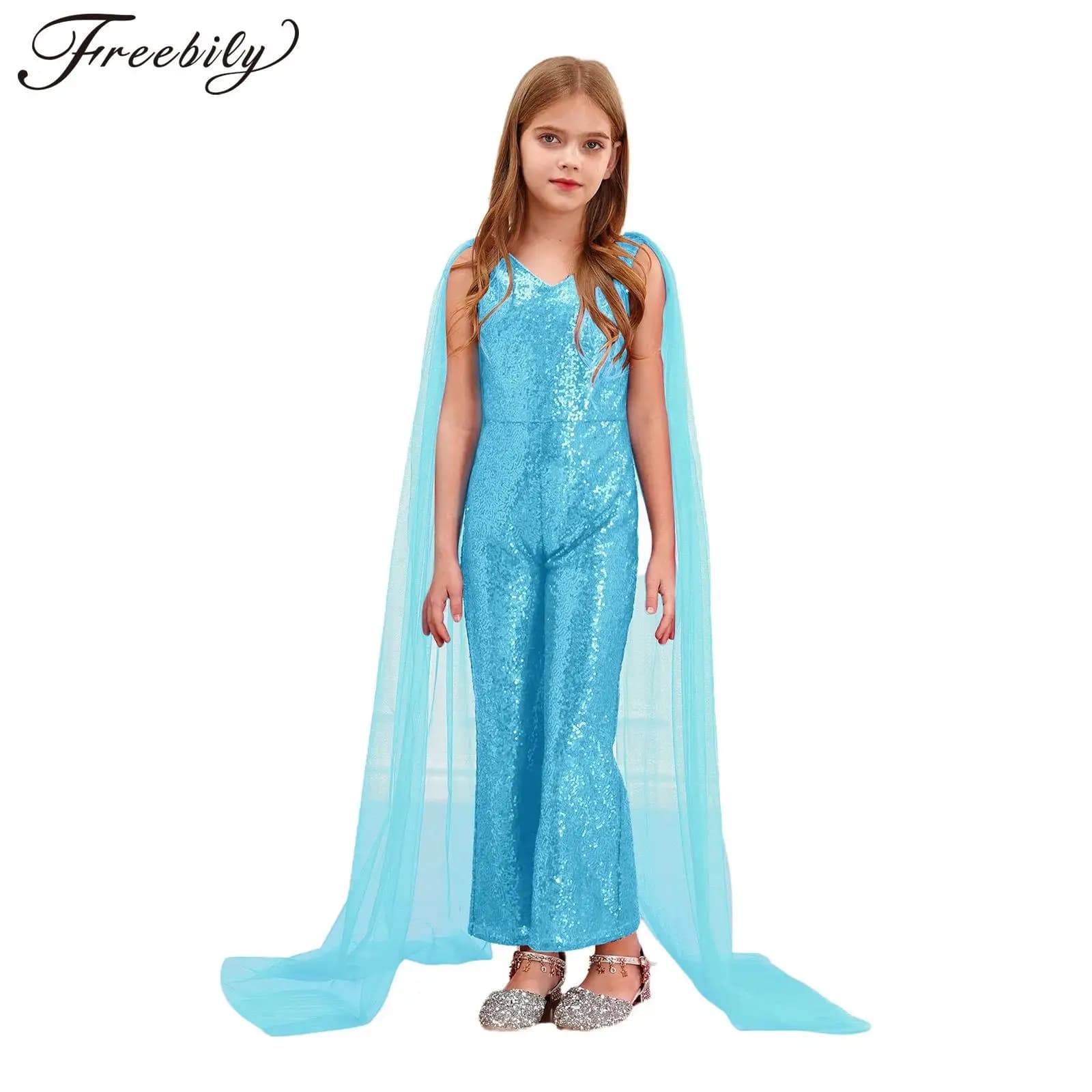 Kids Girls Sparkly Sequined Jumpsuits Modern Dance Costumes Cape Sleeve Wide Leg Pants Children's Jumpsuit Birthday Party Gown
