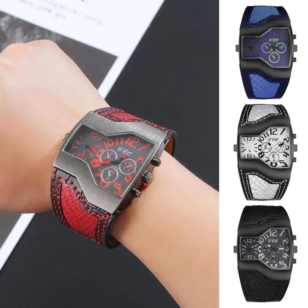 Men Quartz Watch Waterproof Big Dial Multiple Time Zone Digital Display Dual Movement Precise Timing Faux Leather Strap Quartz W