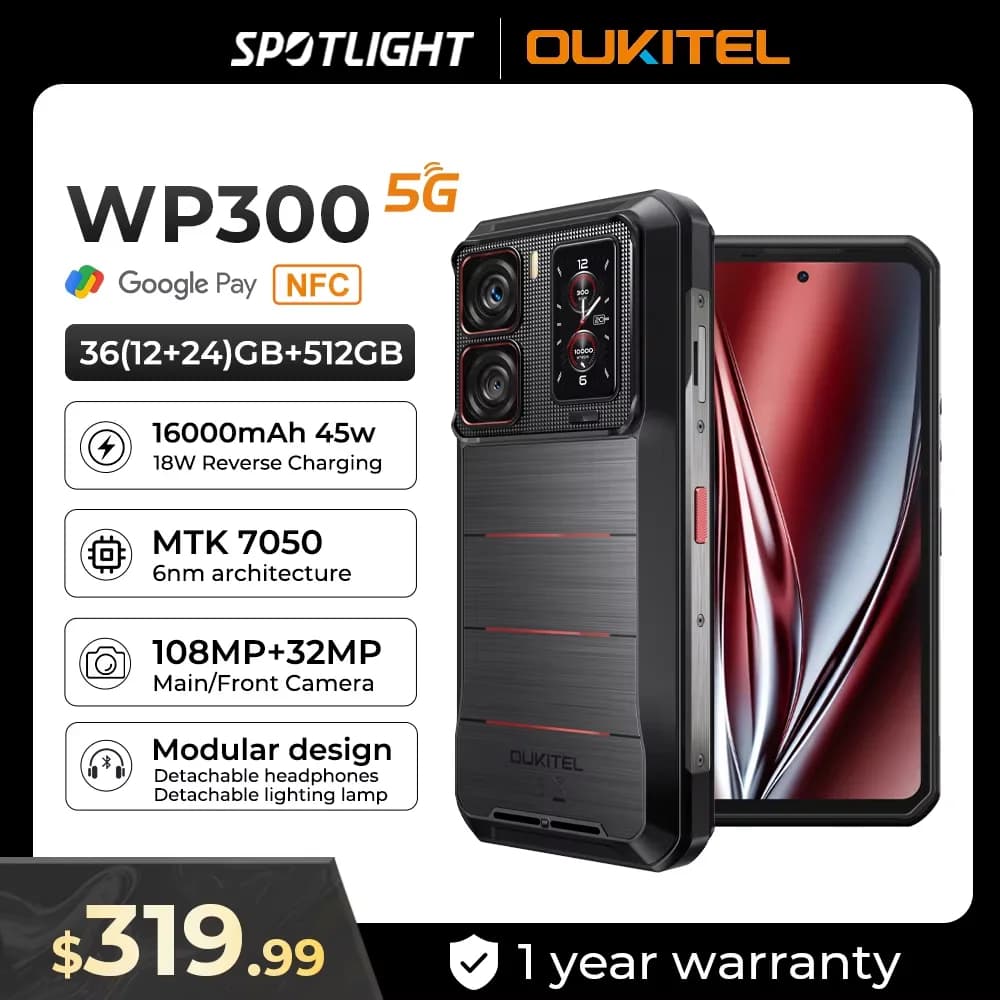 Oukitel WP300 Rugged Phone 16000mAh 36GB（12+24）GB+512GB Modular detachable Earbud/camping Light 6.78" FHD 120Hz 108MP Cell pho
