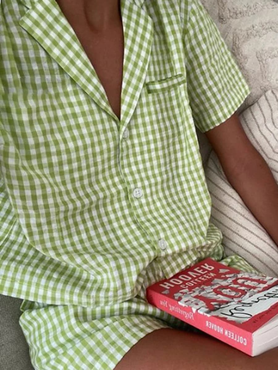 New Gingham Pajama Shorts set Women's 2 Piece Lounge Set Short Sleeve Lapel Plaid Shirt Tops Shorts Sleepwear Sets
