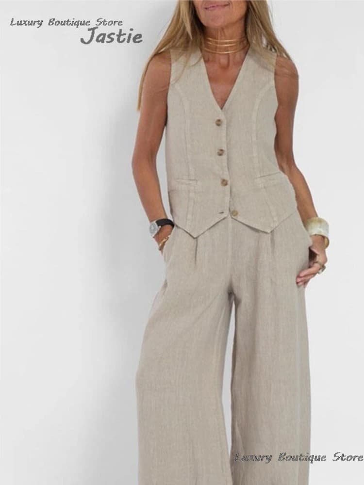 Hot Sale New Fashion Waist Wide Leg Trousers Trousers Cotton Linen Set Women Leisure Commuter Temperament Trousers Set