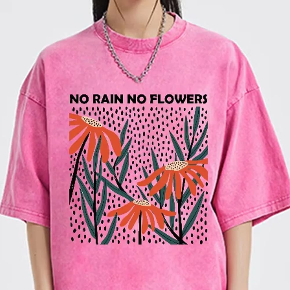 Flower Rain Print 2025 New Women's T-Shirt Oversized Wash Denim Couple Half Sleeve Street Cool Top Fashion Design Tees