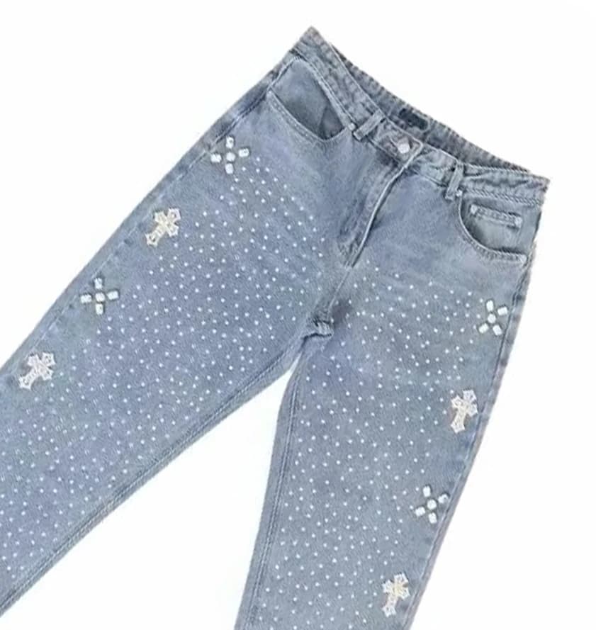Hip Hop Rhinestone Sequin Jeans Y2k Clothes Men Women Gothic Vintage Blue Jeans Fashion Casual Wide Leg Trousers Streetwear