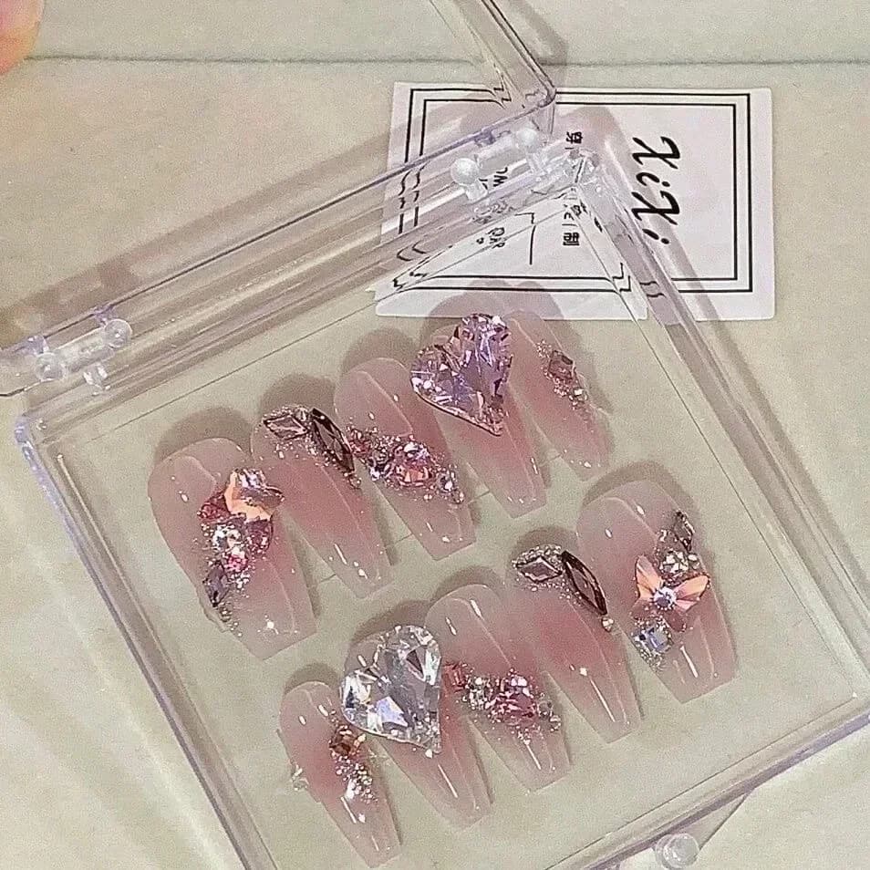 10Pcs Pink Handmade French False Press On Nails With Rhinestones Heart Love Design Full Cover Ballerina Art Nail Tips With Glue