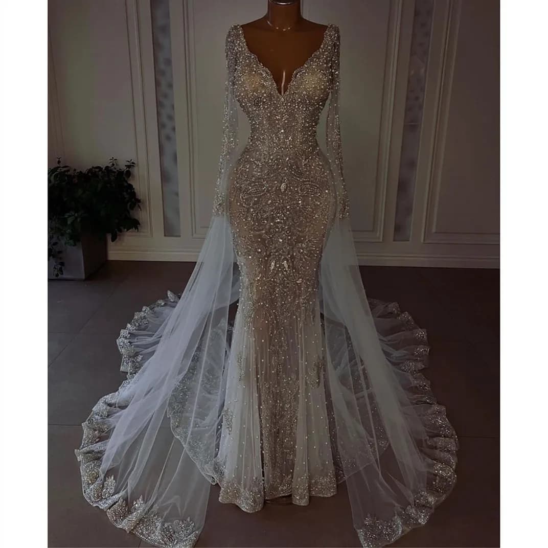 Wedding Dresses Long Sleeves V Neck 3D Lace Beaded Sequins Appliques Detachable Train Diamonds Bridal Gowns Vestido De Novia
