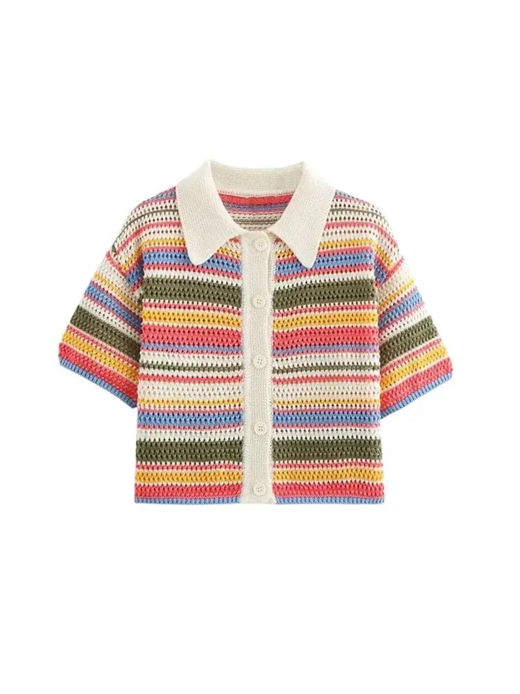 TRZA-Women's Striped Crochet Knit Crop Sweater, Polo Collar, Short Sleeve, Button-up, Female Outerwear, Chic Tops, Fashion