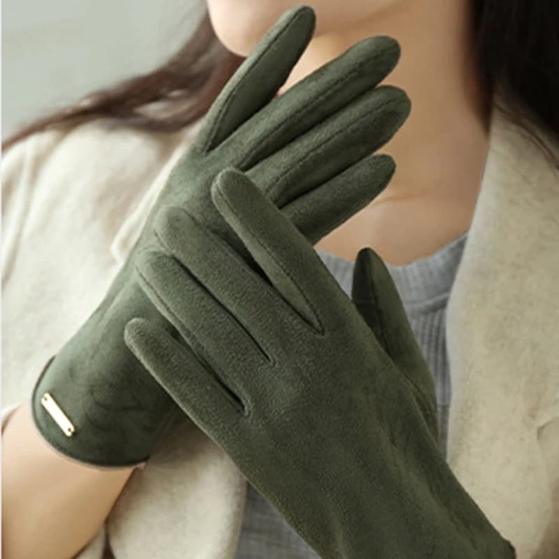 Women's Winter Plus Velvet Thicken Warm Touch Screen Gloves Elegant Pearl Suede Windproof Full Finger Cycling Driving Gloves New