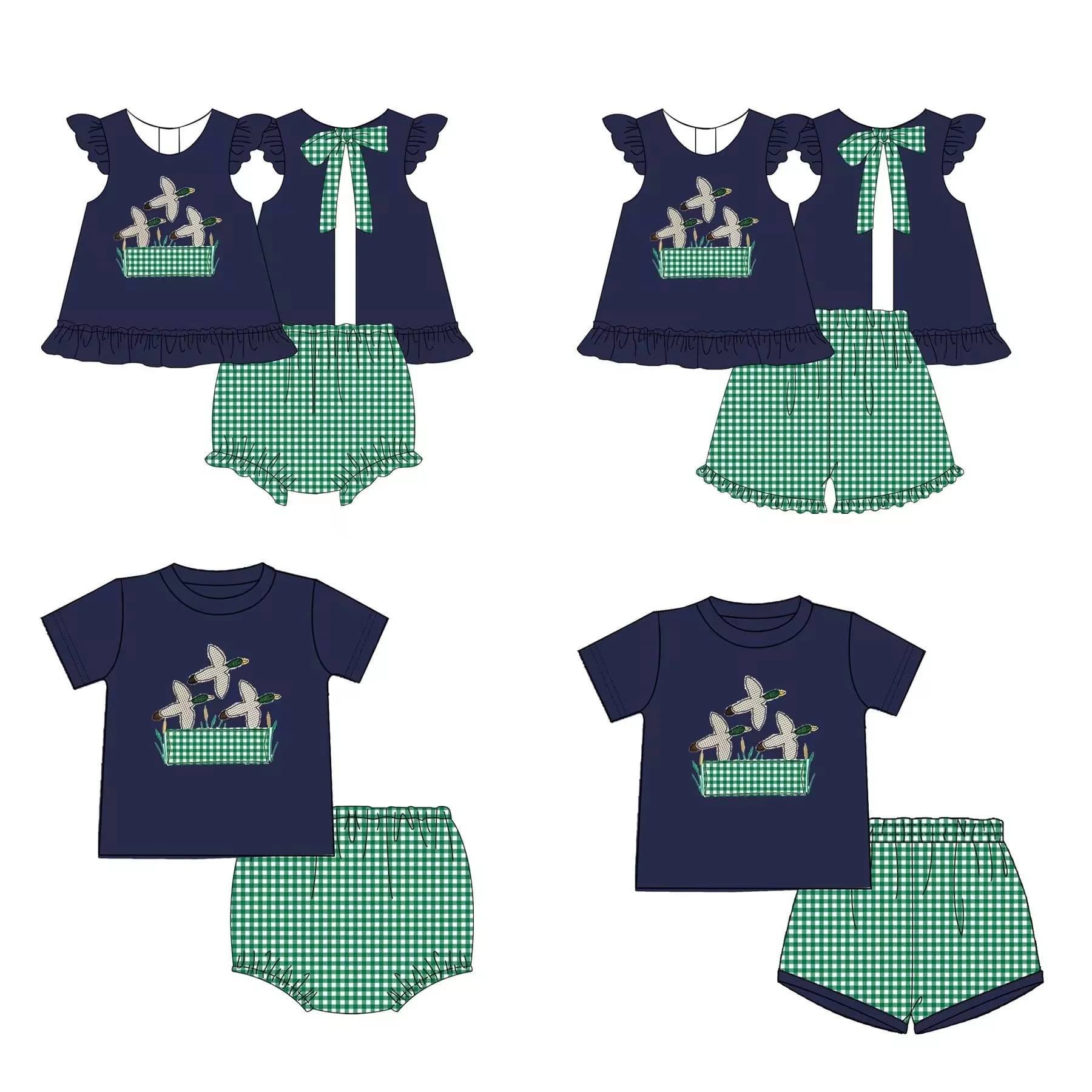 hunting set duck print short-sleeved green plaid shorts set toddler boys clothes girls outfits set children's sets