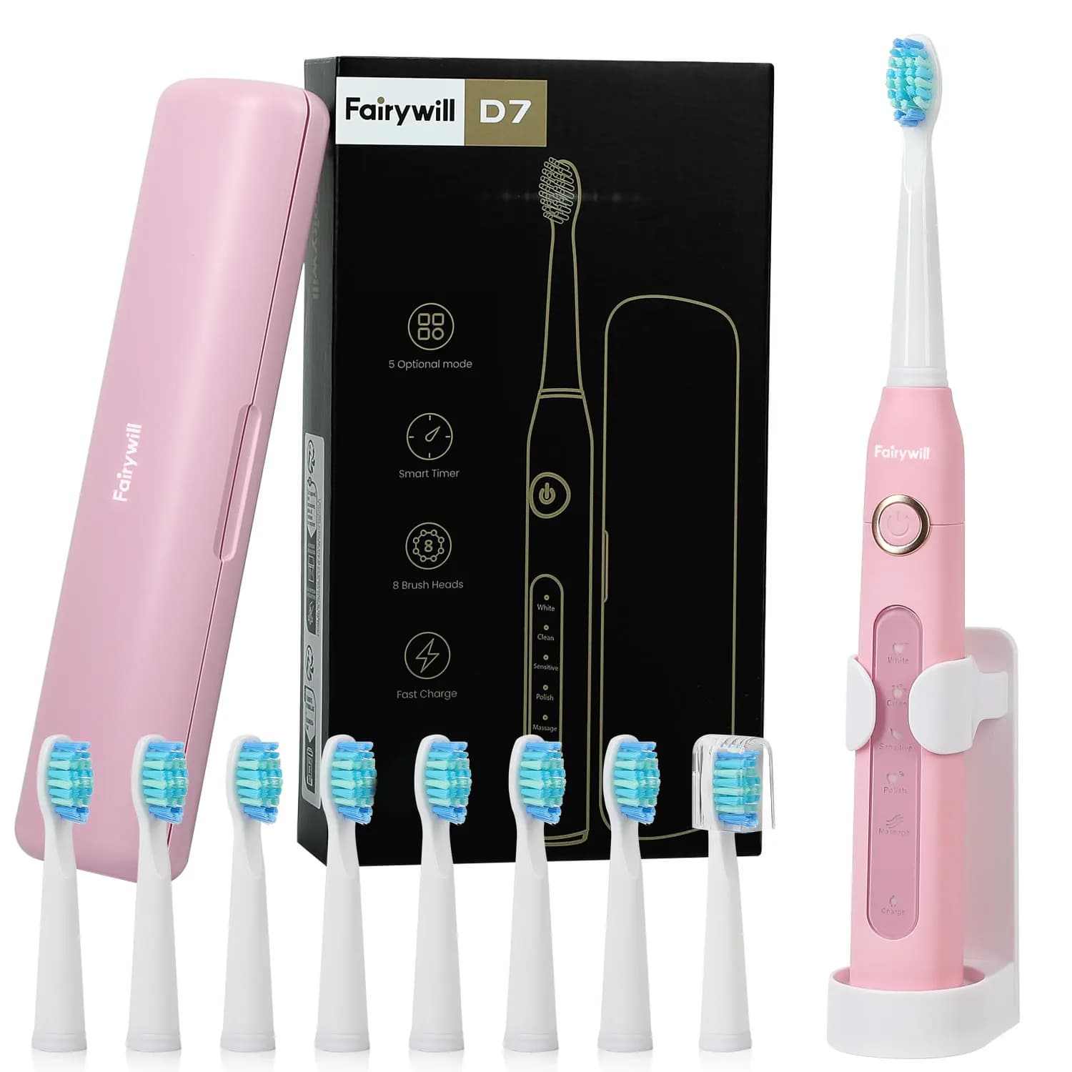 Fairywill FW507 Electric Sonic Toothbrush USB Charger Tooth 8Brush Replacement Waterproof Electronic Toothbrush with Travel Case