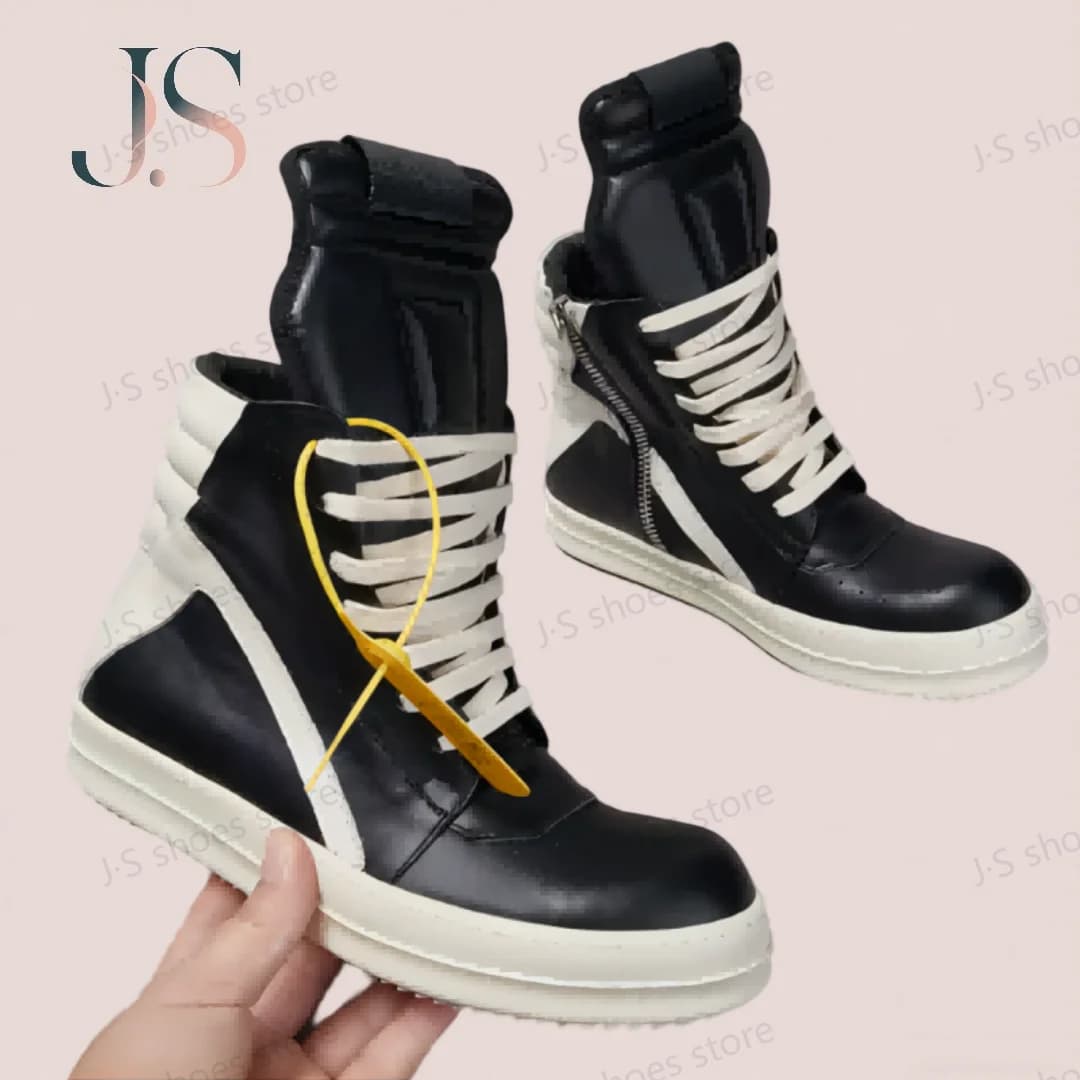 R-o Men Shoe Brand Sneaker Black Leather Ankle Boot High Top Casual Shoes Women Boots Zipper Lace Up Thick Sole Sneakers