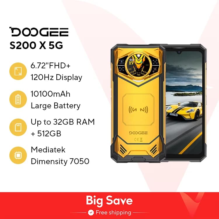 World Premiere DOOGEE S200 X 5G Rugged Phone 12+512GB Smartphone 6.72” FHD+120Hz IPS screen Dimensity 7050 10100mAh battery 33W