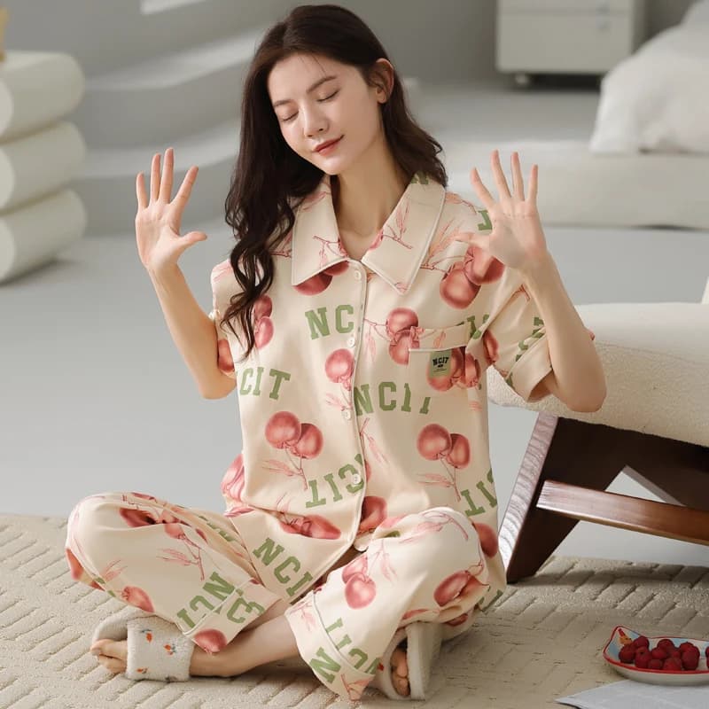 Summer Women's Cotton Sleepwear Short Sleeves Sleeping Top Long Pant Pajamas Set Cardigan Homewear pijamas feminino Dropship