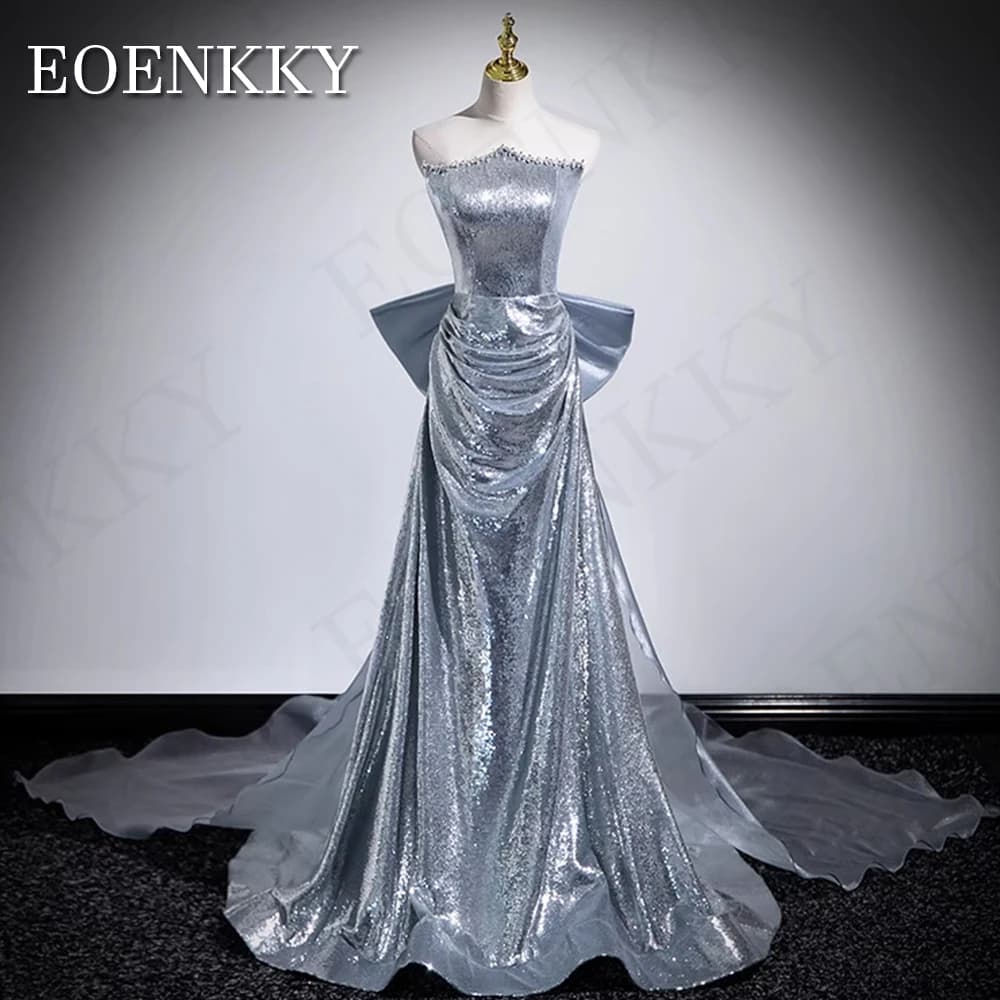 EOENKKY Silver Sequin Prom Dresses 2025 A Line Strapless Beading Detachable Train Evening Dress Customized платье на выпускной