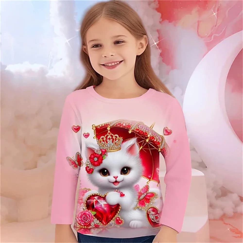 Children S T Shirt Cat Pattern Long Sleeved Kids Cute Clothing For Girls 2023 Autumn Tees Shirts Teen 9 Years 3d Animals Tops