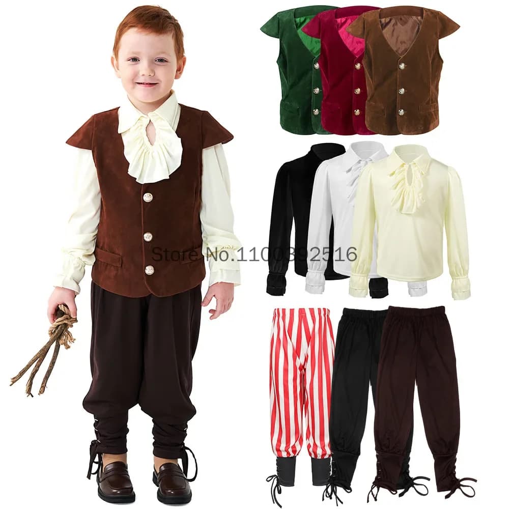 Children Boys Vampire Renaissance Ruffle Pirate Knight Vest T Shirt Pant Retro Kids Halloween Cosplay Costumes Role Play Outfit