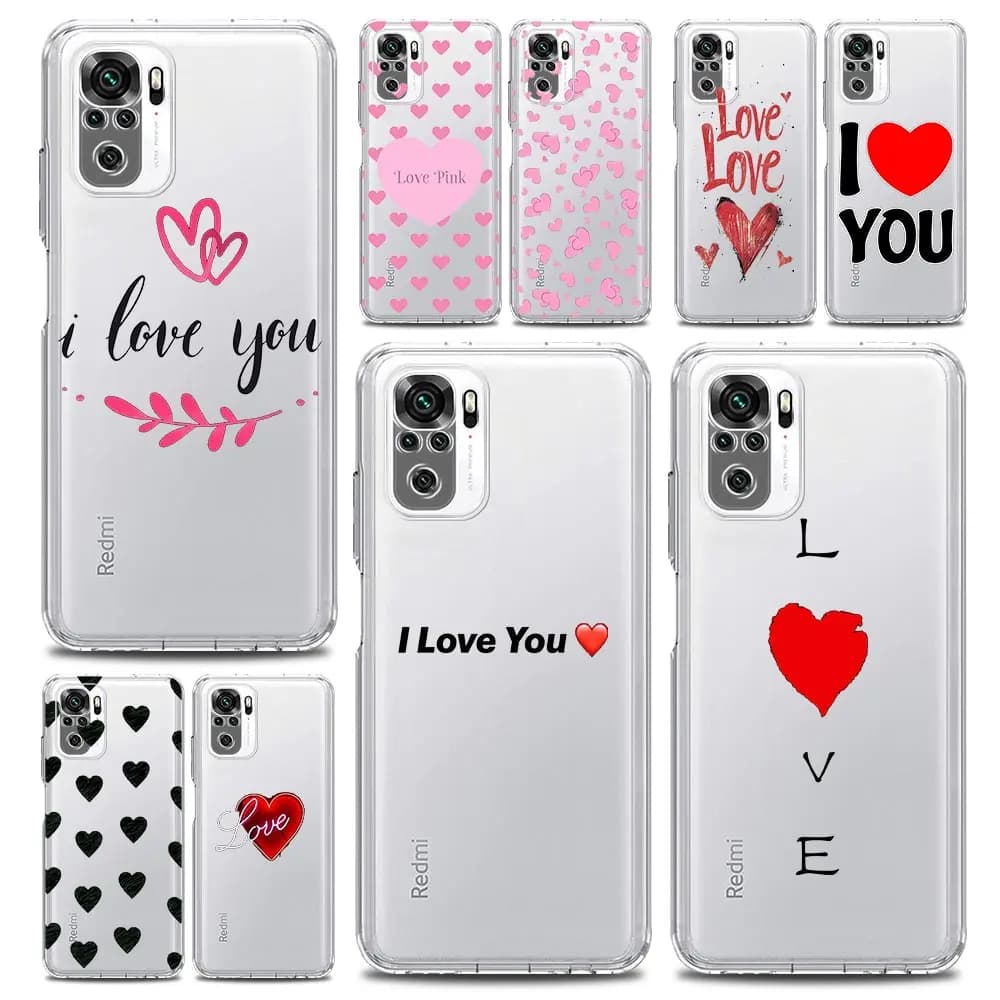I Love you Pink Heart Phone Case For Xiaomi Redmi Note 13 12 5G 9S 8 10 11 Pro 4G 9T 13C 12C 10C 9C 9A 7 Clear Silicone Cover