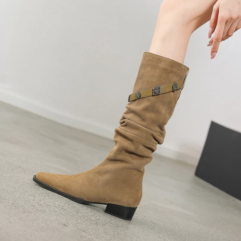 Autumn Women Boots Solid Cow Suede Pleated Boots Winter Women Shoes Elegant Long Knee-high Boots Genuine Leather Chelsea