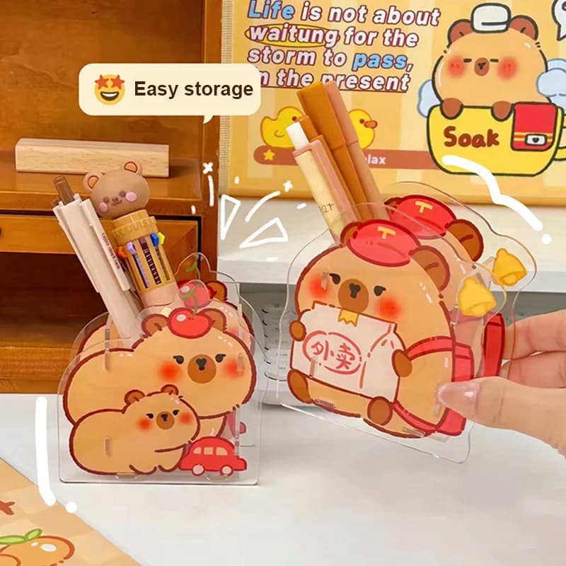 Cartoon Capybara Pen Acrylic Holder Multifunctional Kid Desktop Large Capacity Stationery Storage Box Office Supplies Organizer