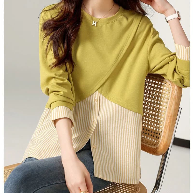 Green Two Fake Pieces Striped Patchwork Ladies Top O-Neck Autumn Winter Sense of Design Irregular Clothing Korean Slight Strecth