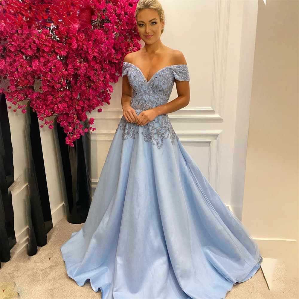 Customized Stunning Beaded Satin Formal Evening Dress Off Shoulder Floor Length Backless A-Line Celebrity Gown Long Prom Dresses