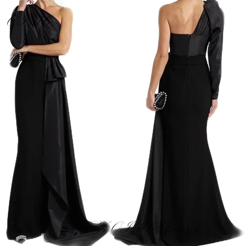 Exquisite Long Sleeves One-Shoulder Prom Dresses Saudi Arabic Women Satin Black Evening Gowns Occasion Formal Party customized