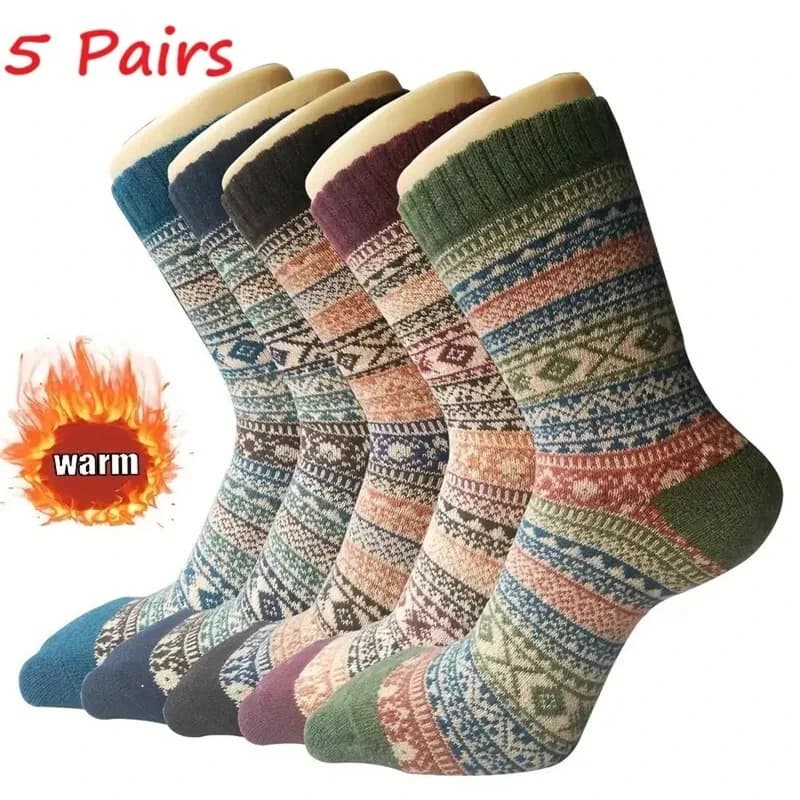 5 Pairs Women's Striped Pattern Wool Socks Warm Winter Mid Length Socks Ultra Thick Harajuku Women's Antifreeze Cashmere Socks
