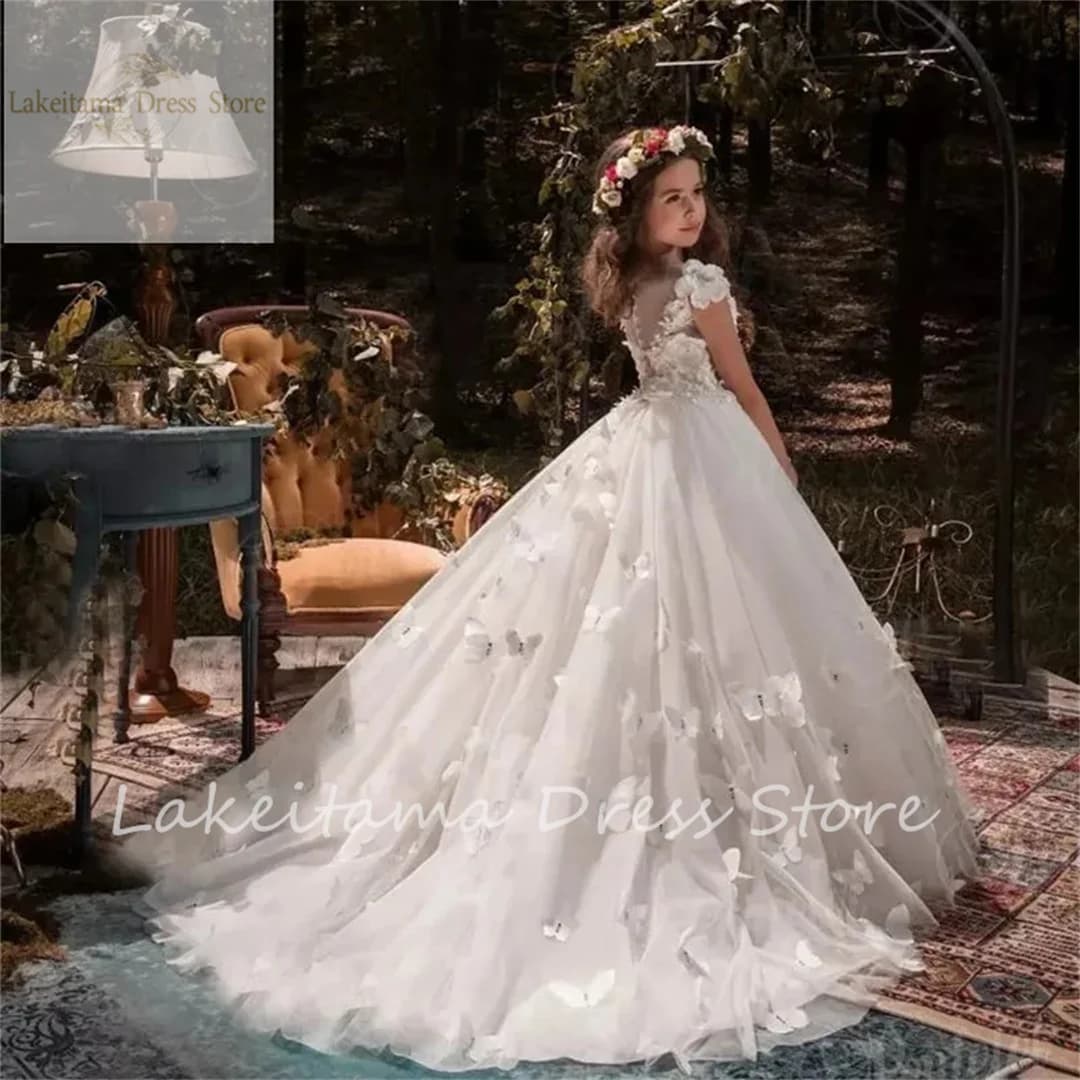 Fluffy Lace Bow Flower Girl Dresses for Weddings Long Sleeves Tulle Ball Gown Girl First Holy Communion Pageant
