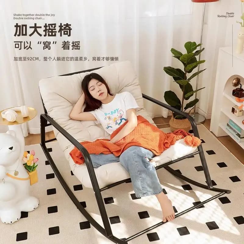 Double Rocking Chair Floor Sofa with Backrest Removable Seat Pad Foldable with Footrest Relaxing Recliner Balcony forLiving Room