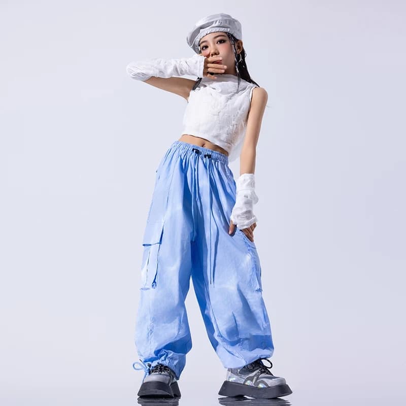 Girls Clothes Hip-hop Outfits White Hooded Sleeveless Top Blue Cargo Pants Kids Jazz Dance Costume Catwalk Show Costumes DQL9803