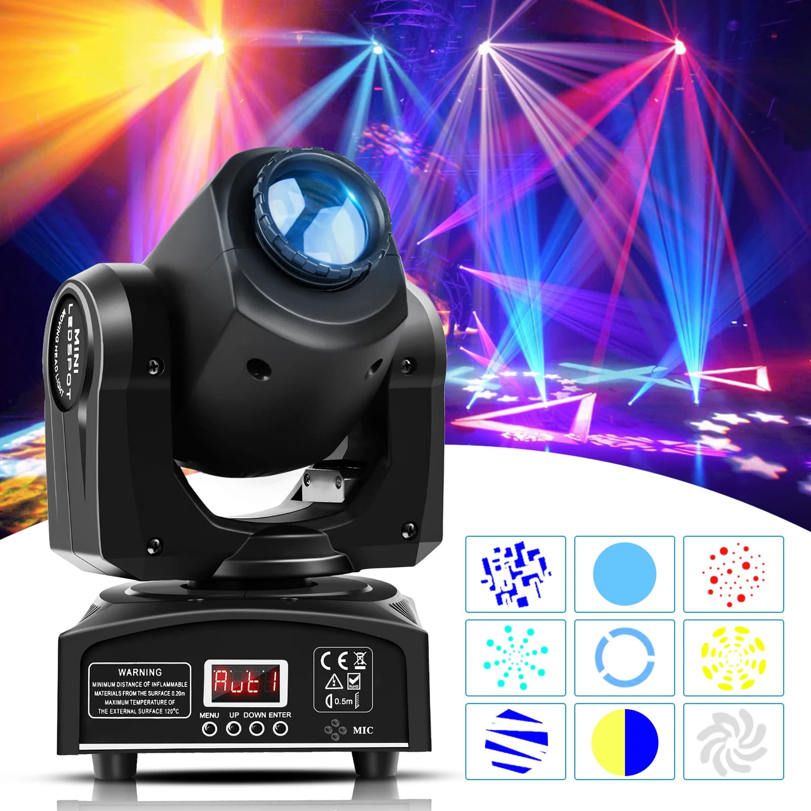 U'King 30W RGBW LED Moving Head Light 8Gobos 14Colors Stage Light DMX512 Spotlights Sound Activated for DJ Party Stage Lighting