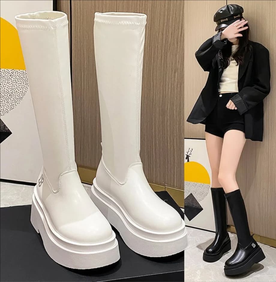 Gothic Thick High Boots Women Platform Wedges Motorcycle Boot Knee-High Army Stripper Heels Punk Shoes Mujer De Botas 2024Autumn