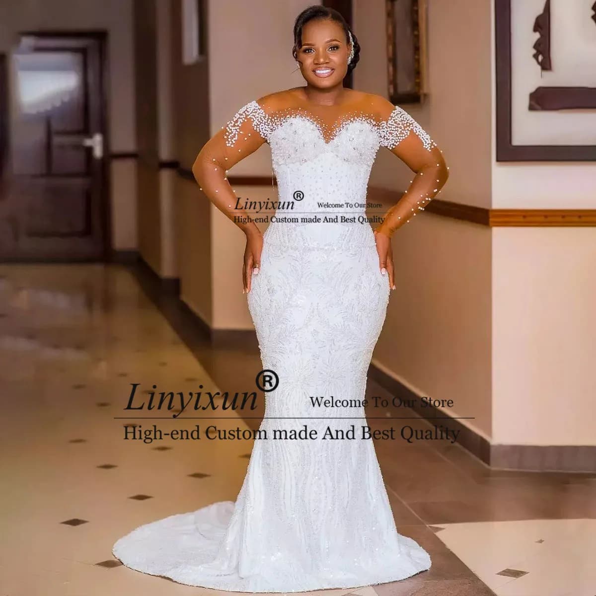 2024 Long Mermaid Wedding Dress For Black Girls Pearls Beaded Applique Bride Gowns Court Train Formal Sleeveless robe de mariée