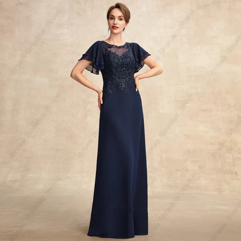 Dark Navy Short Sleeve Mother of Bride Dresses for Women Scoop Wedding Party Gown with Lace Beach Jersey Vestido De Noche 2023