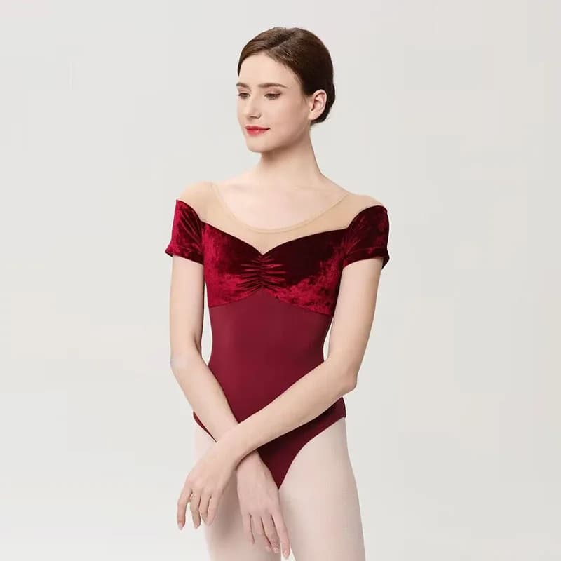 Ballet Leotards For Women Velvet patchwork Short Sleeve Solid Colors Dance Costume Adult Ballet Practice Gymnastics Leotard