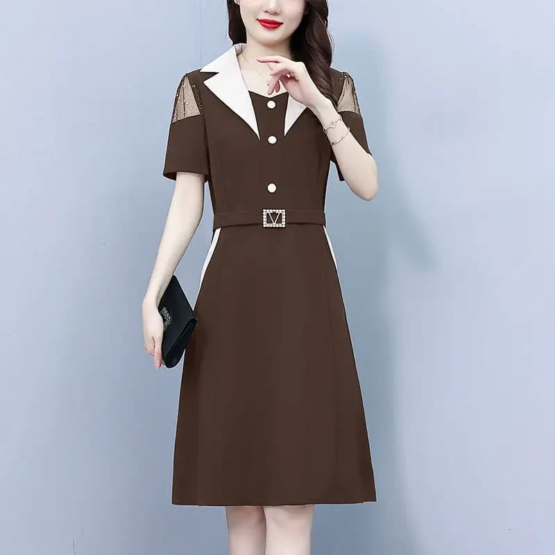 Short Sleeved Style Chubby Girl Plus Size Women's Clothing Covering Belly Show Off Thinness Mid Long Fashion Suit Collar Skirt