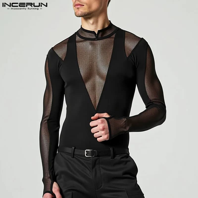 INCERUN Stylish Loungewear Jumpsuit Men's Sexy Mesh Splicing Rompers Thin Tight Stand Neck Long Sleeved Triangle Bodysuits S-5XL