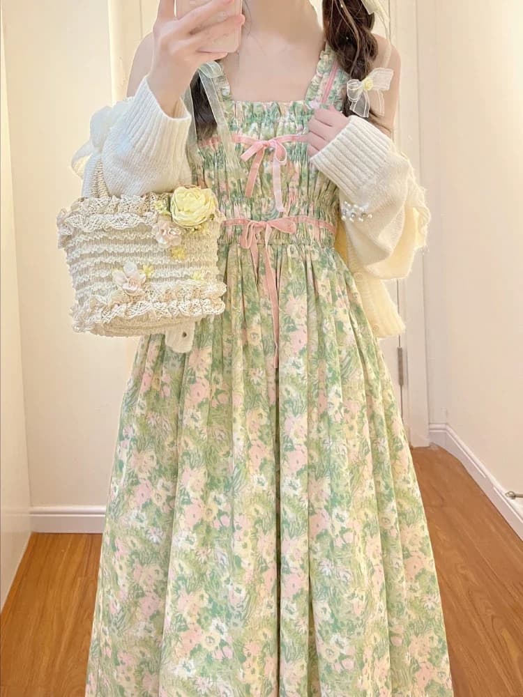 Floral Japanese Kawaii Two Piece Set Women France Elegant Bow Fairy Dresses Suit Female Sweet Strap Dress＋White Casual Coat 2023