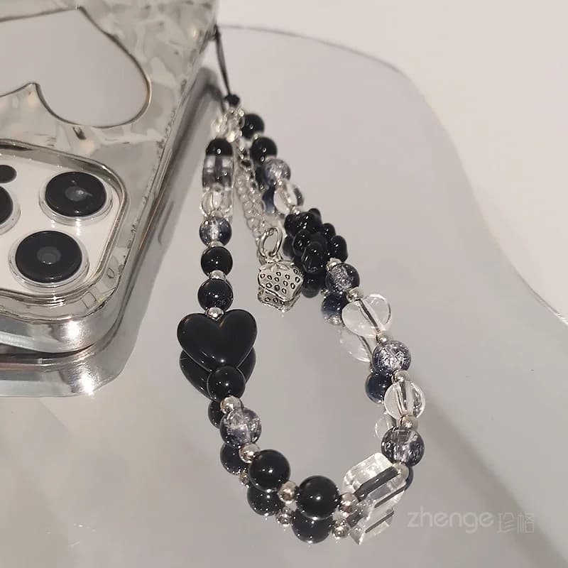 Mobile Phone Lanyard Short Women's Black and White Color Crystal Hand Beaded Love Bear Jewelry Bracelet Small Fresh Chain