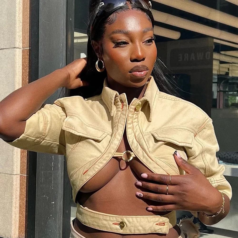 2024 Cardigan Outdoor Half Sleeve Short Coat Lapel Women States Autumn Top Hollow Out Solid Streetwear Ladies Denim Coat