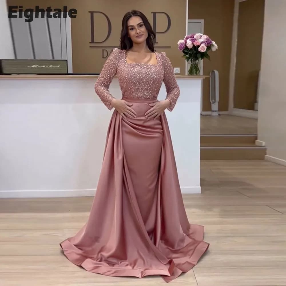 Eightale Baby Pink Evening Dresses with Detachable Skirt Sequined Customized Long Sleeves Mermaid Prom Wedding Party Gown