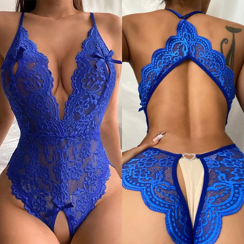One-Piece Open Bra Blue Crotchless Lingerie For Sex Lace Transparent Underwear Bodysuit Erotic Underwear Set Lenceria Mujer Sexi