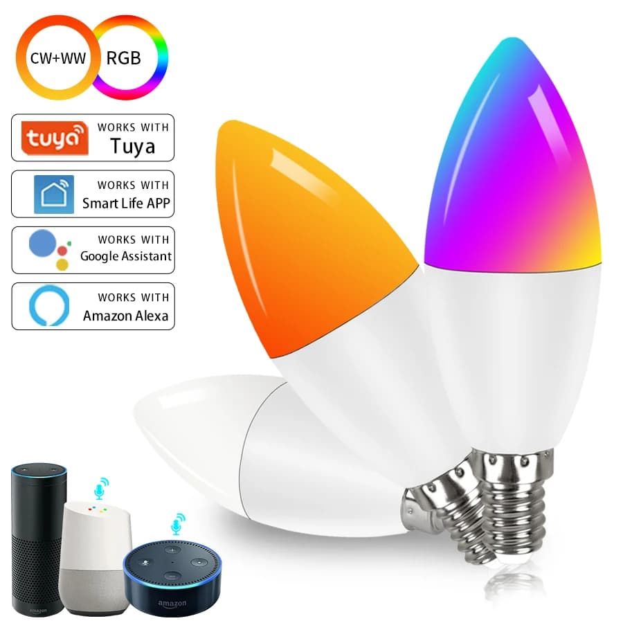 Tuya E14 WiFi Smart Light Bulb 220V 5/7/9W Brightness Adjustment APP Connection Alexa Google Voice Control RGB Light Bulb