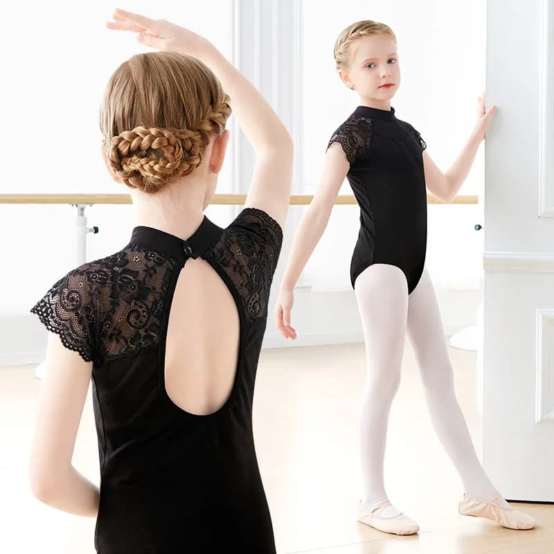 Girls Lace Ballet Leotards Stand Collar Hollow Back Gymnastics Leotard Cotton Ballet Bodysuit Kids Dance Leotards for Girls
