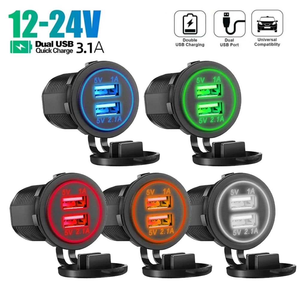 Dual USB 5V 3.1A 12V Car Charger with LED Panel Waterproof Power Adapter Socket Outlet for Vehicle Boat Truck Motorcycle